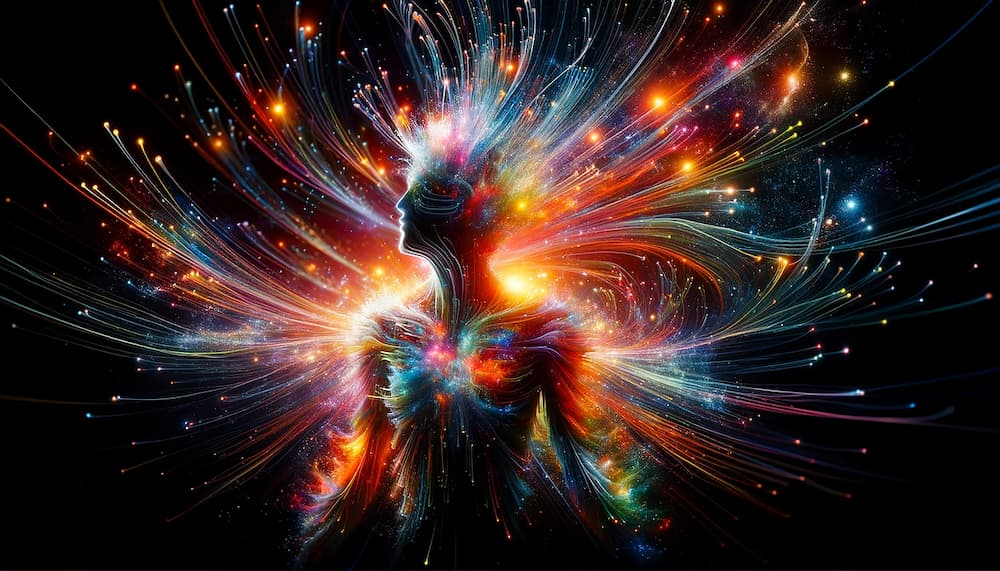 Un humain illuminé de lumière multicolores representant une douche énergétique de purification.