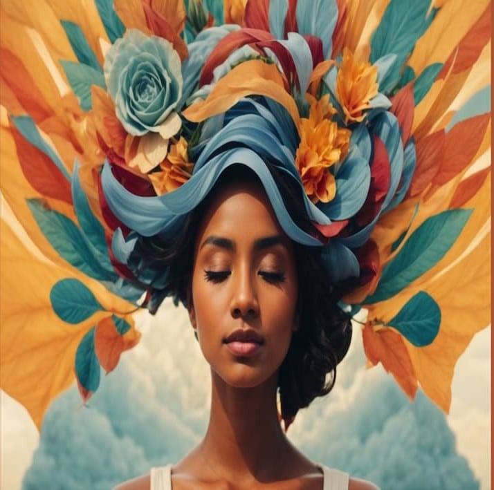 Ici l'image d'un visage avec le haut plein de couleurs qui représente le nettoyage de l'esprit.